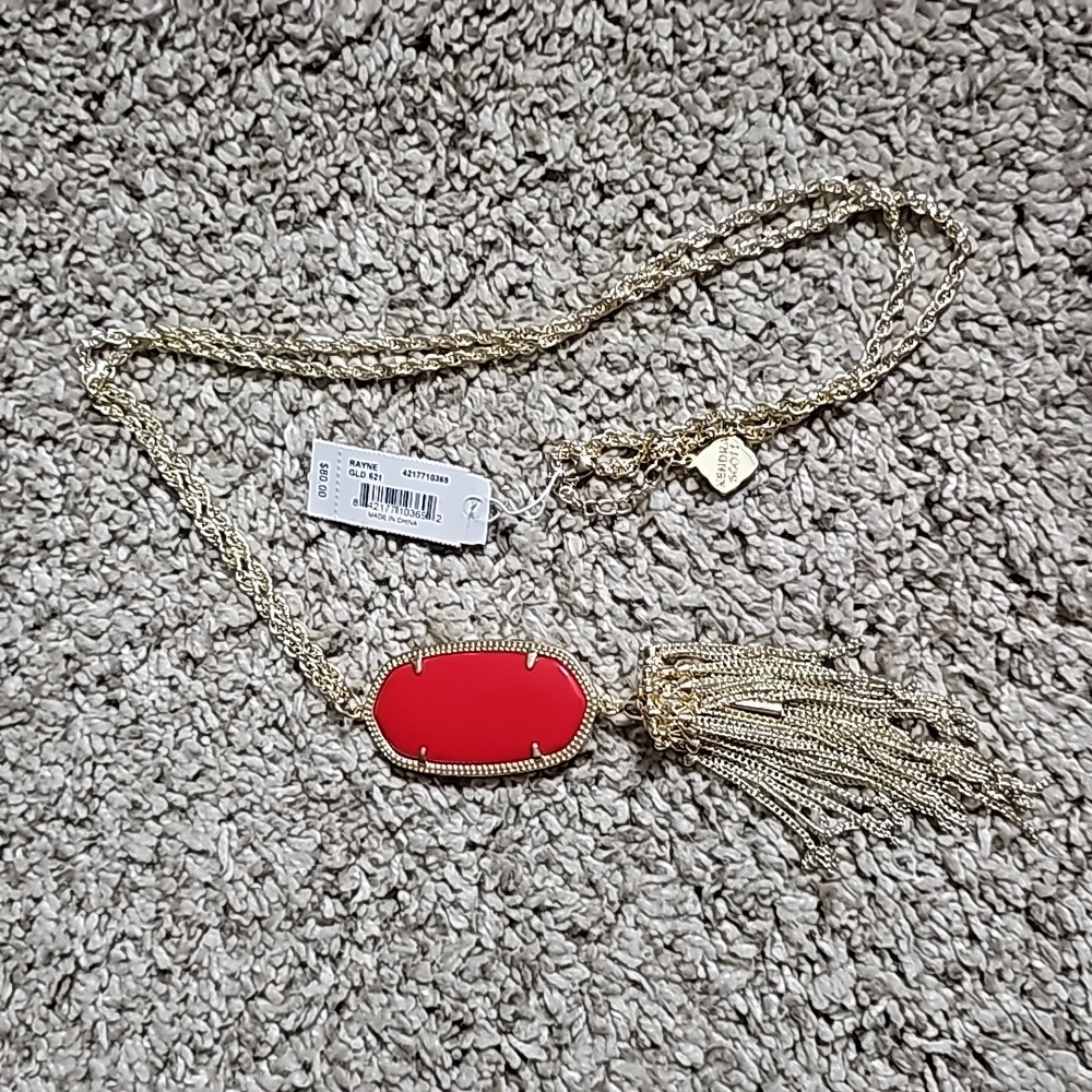 Kendra Scott Rayne Tassel Red Howlite Pendant Gold Necklace 1239